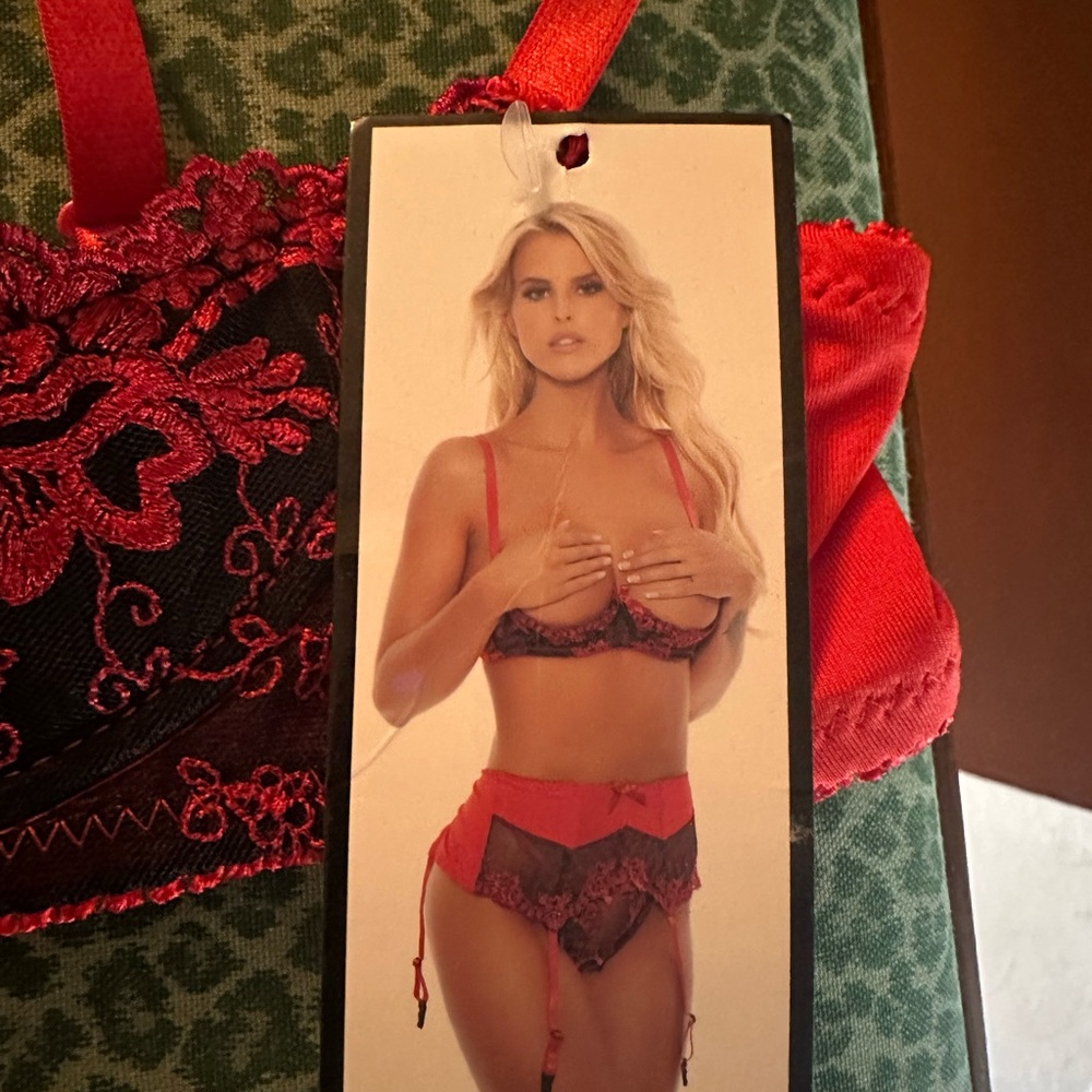 Red and Black Lace Lingerie under boob bra top burlesque pole dancer